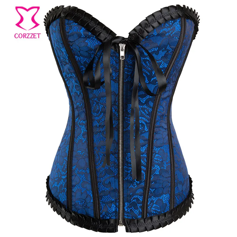 

Blue/Black Floral Jacquard Overbust Corset Sexy Gothic Bustier Top Victorian Corsets and Bustiers Zipper Korsett For Women