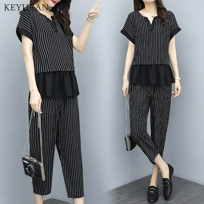Summer New 2019 Women Fashion Stripe Two Pieces Sets Female Patchwork Tops and Ankle Length Pants Woman Casual Loose Suits L3112 | Женская