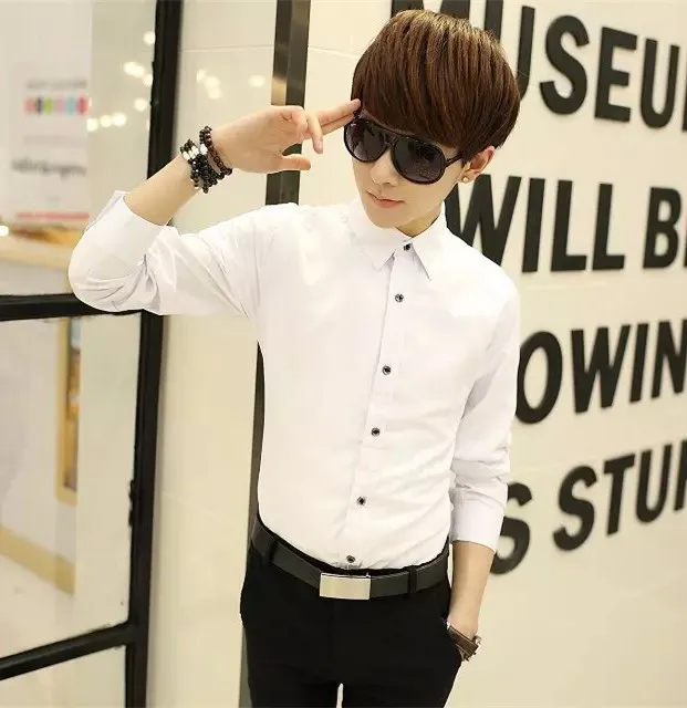 Мужская приталенная рубашка модная брендовая повседневная с длинным рукавом