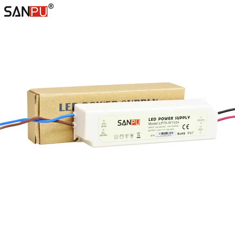 SANPU SMPS 75W 24VDC LED Driver 3A Switching Power Supply 220V 230V AC-DC Lighting Transformer White IP67 Waterproof Sprayproof |