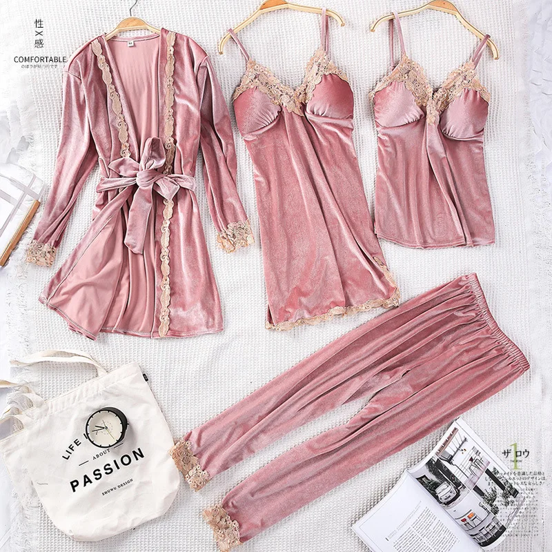 Женский бархатный пижамный комплект из 4 предметов теплая Пижама золотистого