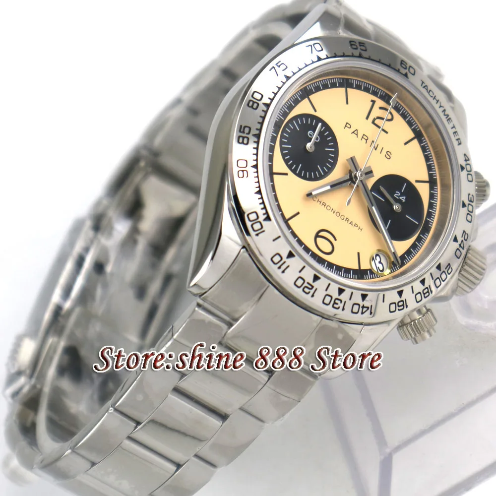 39mm PARNIS Beige dial sapphire glass date full Chronograph quartz mens watch | Наручные часы