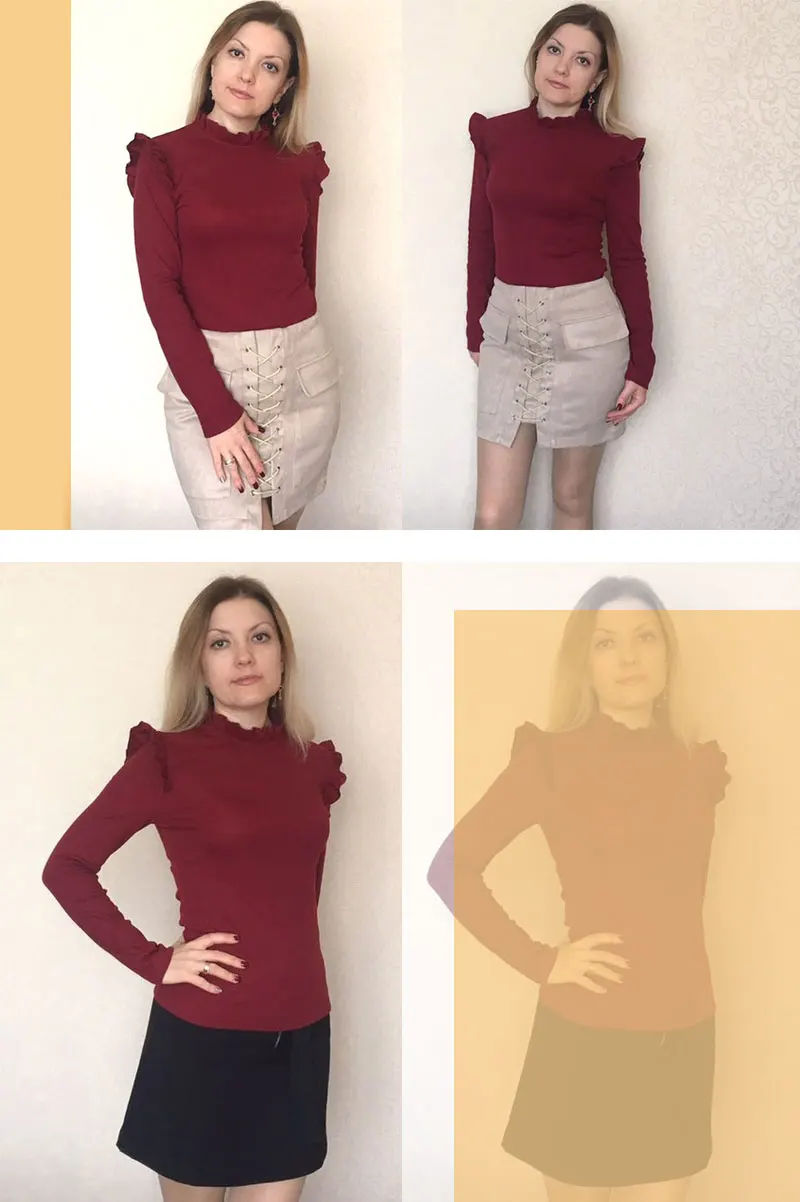 Dotfashion, бордовая, с оборкой, одноцветная, с длинным рукавом, футболка, женская, повседневная, осенняя, стоячий воротник, топы, тонкая, подходит, одежда, простая футболка