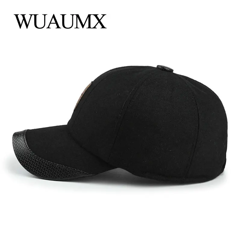 Wuaumx Фирменная осенне-зимняя бейсбольная кепка s для мужчин, шерстяная теплая шапка-ушанка, Кепка Snapback, Мужская Черная кепка pello