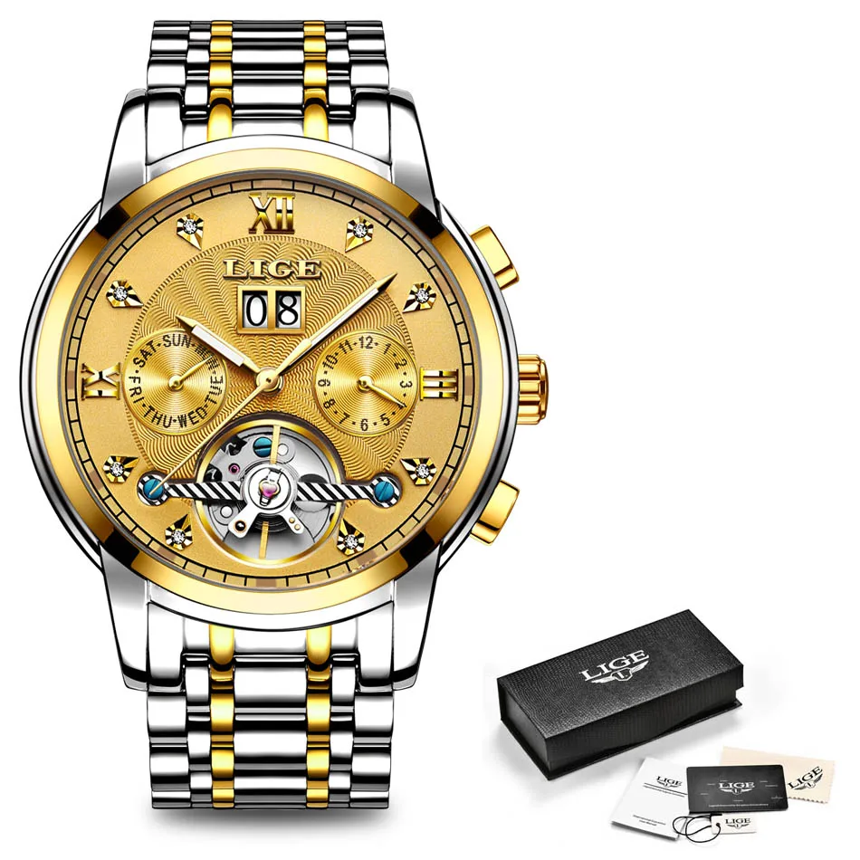 Full gold S Новые LIGE часы для мужчин Топ Роскошные модные мужские часы полностью стальные спортивные мужские s часы автоматические механические часы Relogio Masculino - Цвет: Full gold S