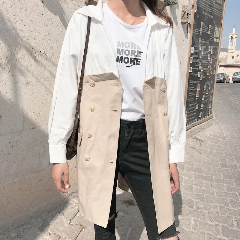 khaki LANMREM Новая летняя модная женская одежда с отложным воротником и длинными рукавами, Лоскутная рубашка, полосатая блузка, WG80917L - Цвет: khaki
