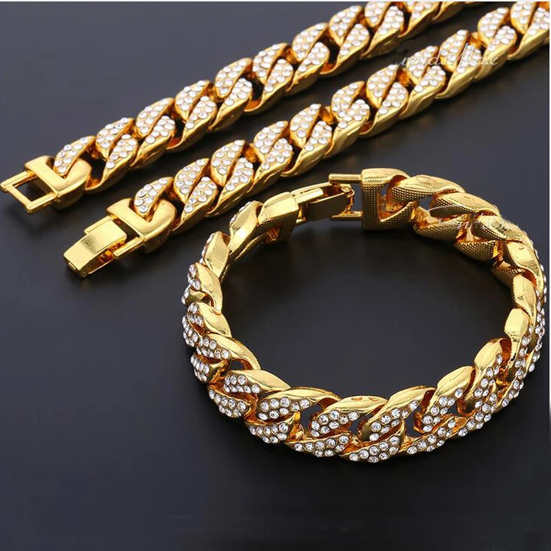 

Beichong Fashion Hip Hop Jewelry Gold Bling Full Rhinestone Miami Cuban Necklaces & Bracelets Sets Gifts Women Men Charm Chains