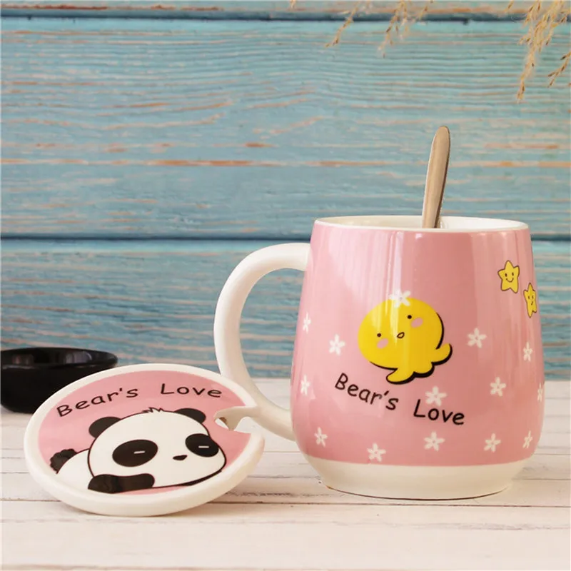 4 цвета Kawaii мультфильм панда кружки с ложкой керамическая чашка с крышкой бутылки для воды кружка для кофе, молока чай чашки любовник подарки на день рождения
