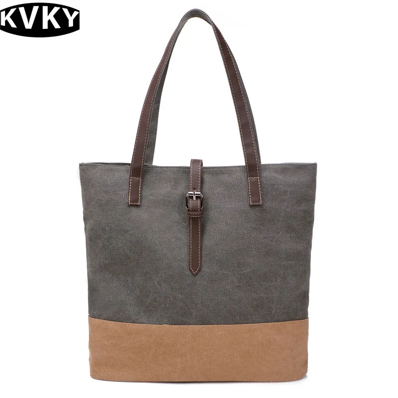 

Kvky Korean Women shoulder bag Splice canvas bag woman handbags contracted joker zipper buckles women's top-handle bags