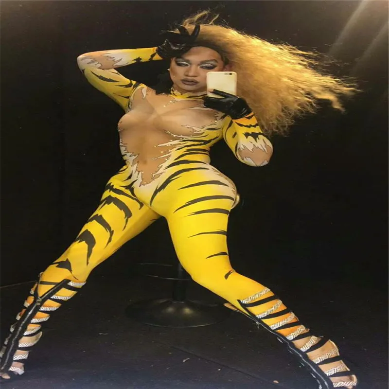 

S35 Tiger printing jumpsuit ballroom dance costumes female stage show dress wears bodysuit catwalk party performance outfit