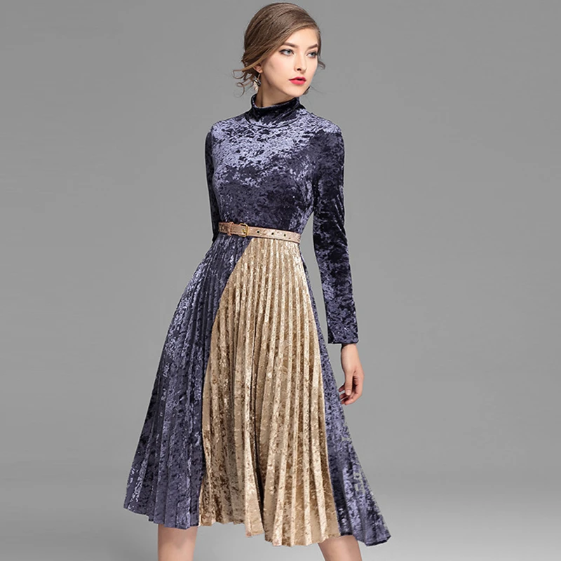 Велюровое платье Для женщин лоскутное плиссированные водолазка Одежда с длинным