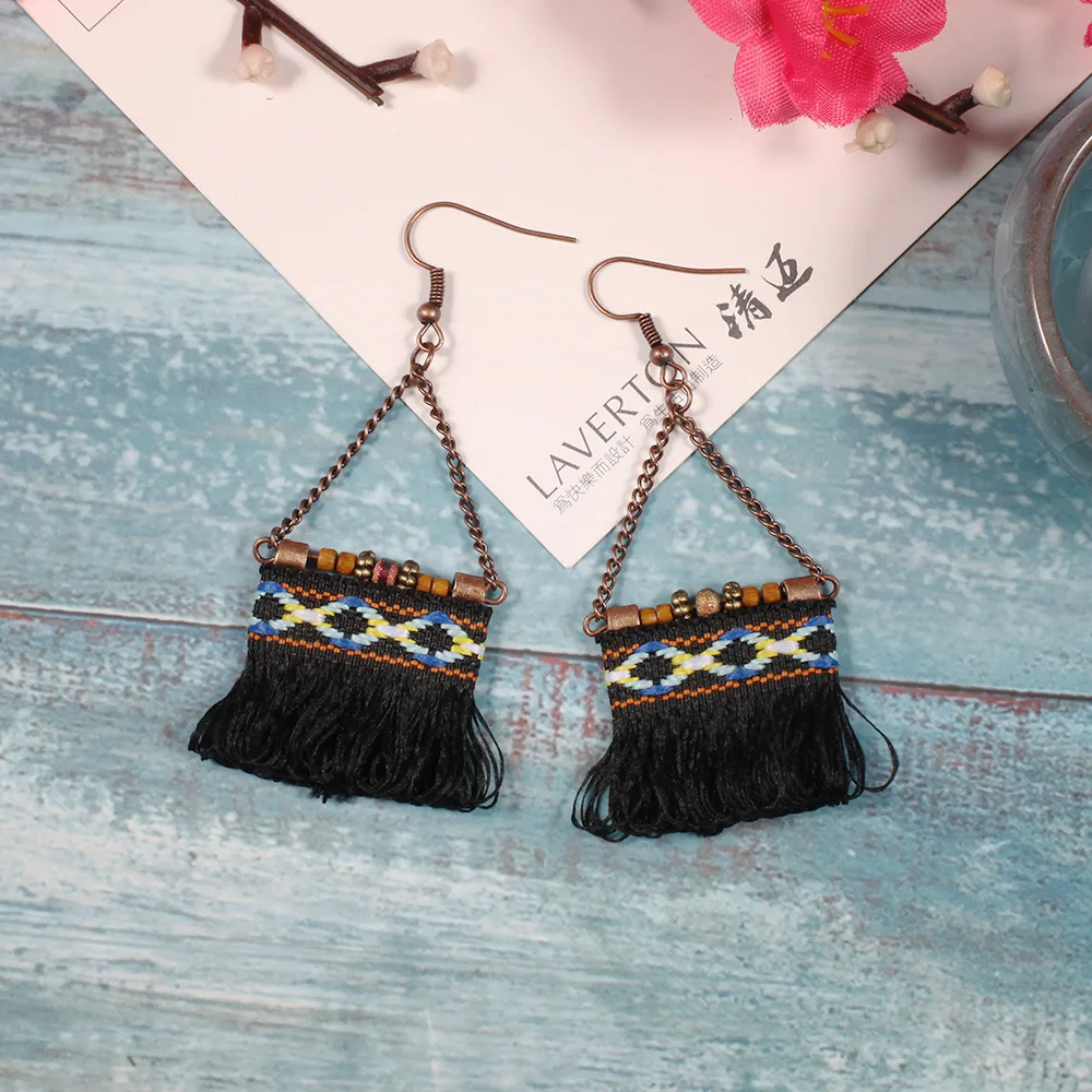 HC Vintage Wooden Bead Tassel Earring Fashion Triangle Pendant Boho Earrings Women Ethnic Style Jewelry Bohemian Drop F | Украшения и