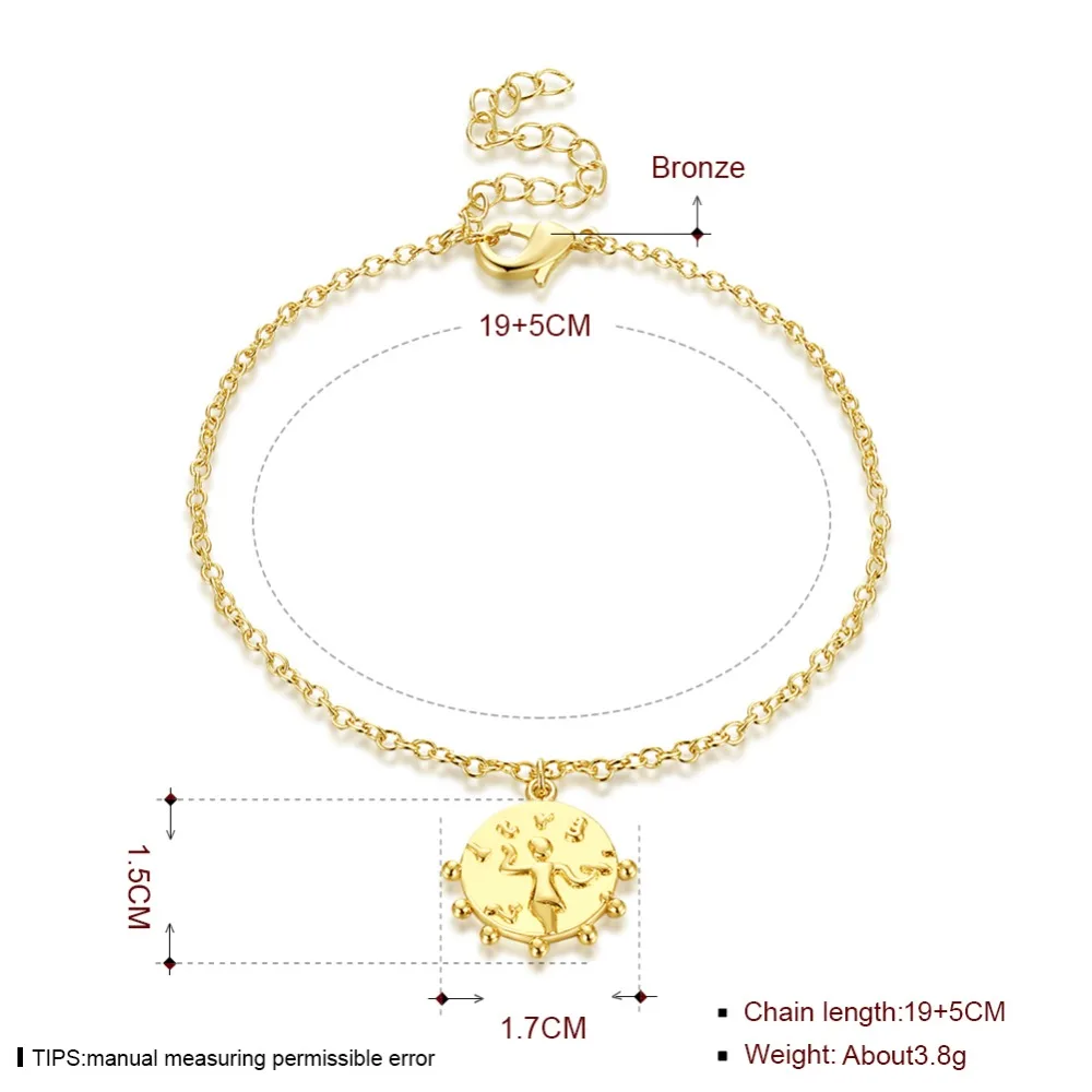 Fashion Women Bracelets Round Pendant Side Dots Fairy Carved Drop Bracelet Golden Link Chain Lobster Claps Lady Gift | Украшения и