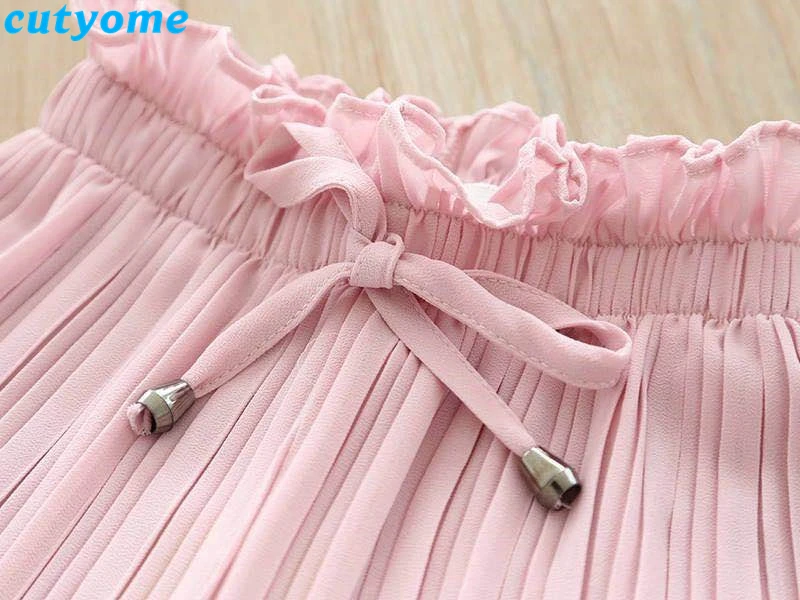 Милые летние широкие брюки для девочек подростков Свободные плиссированные