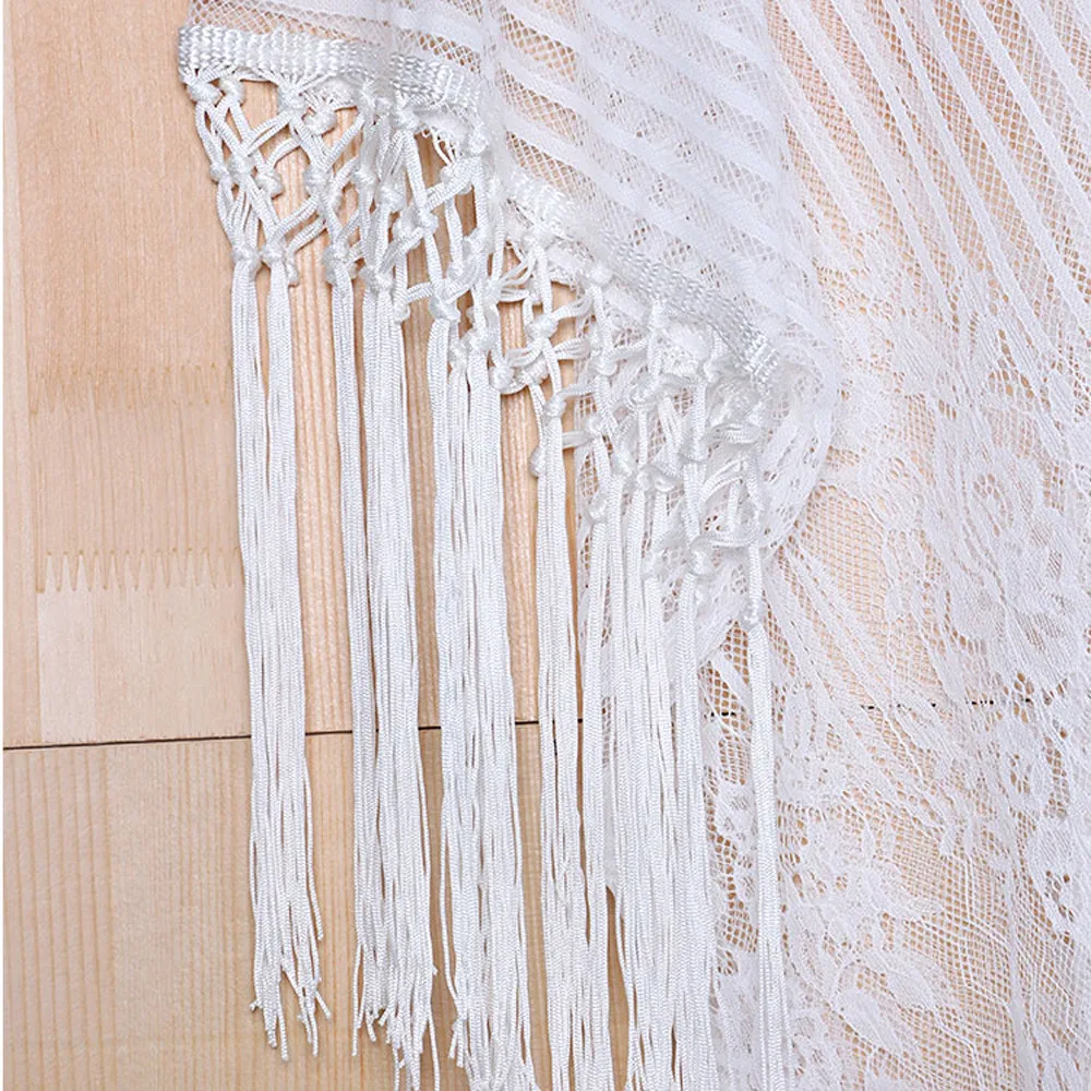 

2019 Summer Chiffon Lace Bikini Cover Up Hollow Out Tassel Beach Dress Solid Swimwear Women Swimsuit Beachwear Tunics Pareos