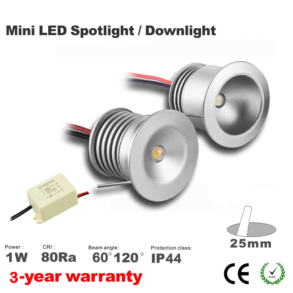 1W LED Downlight, AC85-277V Input Spot Ceiling Lamp, 25mm Cutout Recessed Cabinet Light,  60D/120D Spotlight, 12pcs CE List