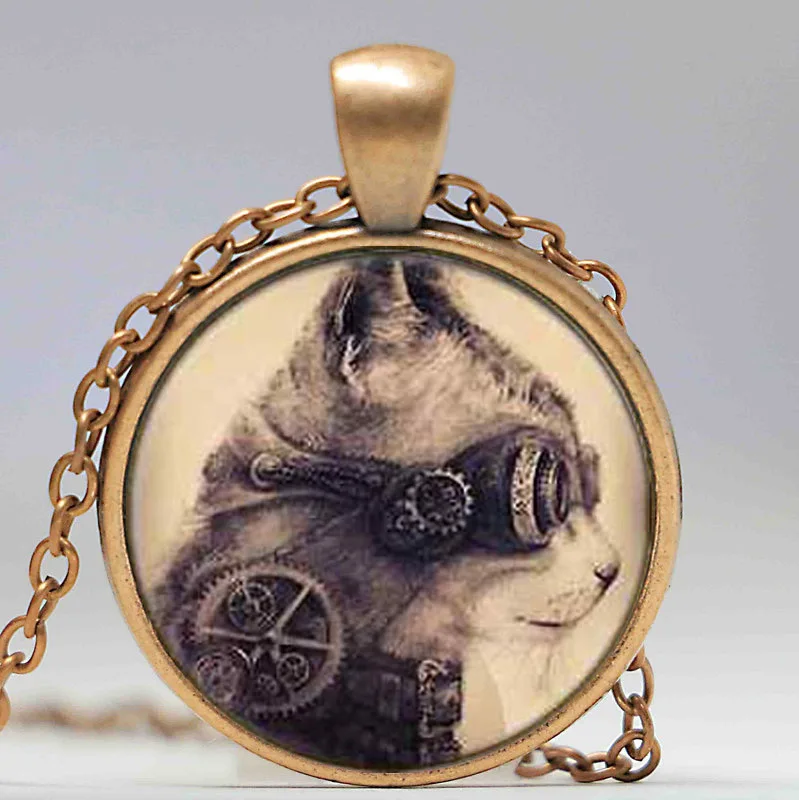 Механическая подвеска в стиле стимпанк с часами и котом из фильма США серебряная
