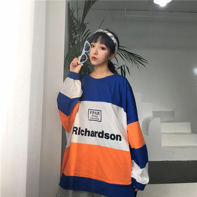 Camisetas Mujer Осенняя одежда в Корейском стиле Ulzzang Harajuku Лоскутная футболка с длинными
