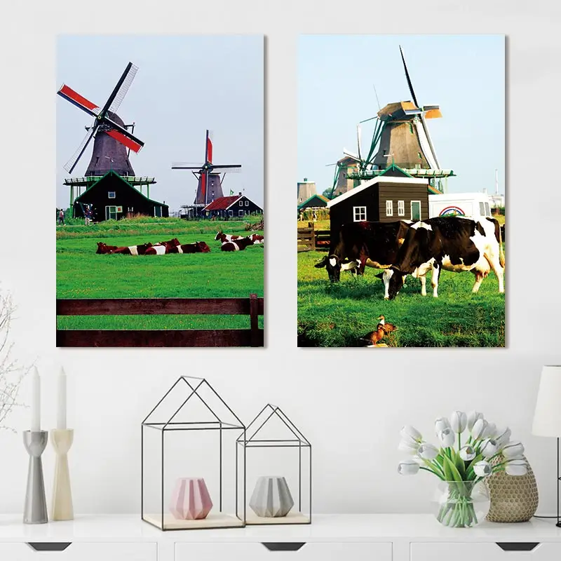 

wall art canvas painting European farm print 2 penel cow art canvas Picture landscape Canvas home decoration no frame