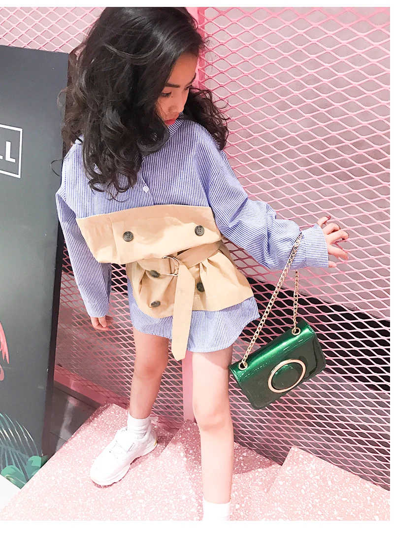 Рубашка для девочек осенний Детский костюм в полоску из двух предметов с поясом, Корейская версия рубашки детская одежда