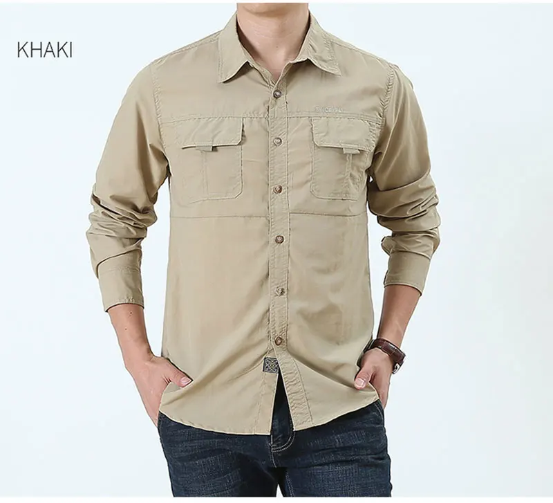 khaki asia size Фирменная одежда для мужчин военный Дизайнер Повседневная мужская рубашка одежда высокого качества нейлон Карго повседневные рубашки сплошной цвет с длинным рукавом - Цвет: khaki asia size