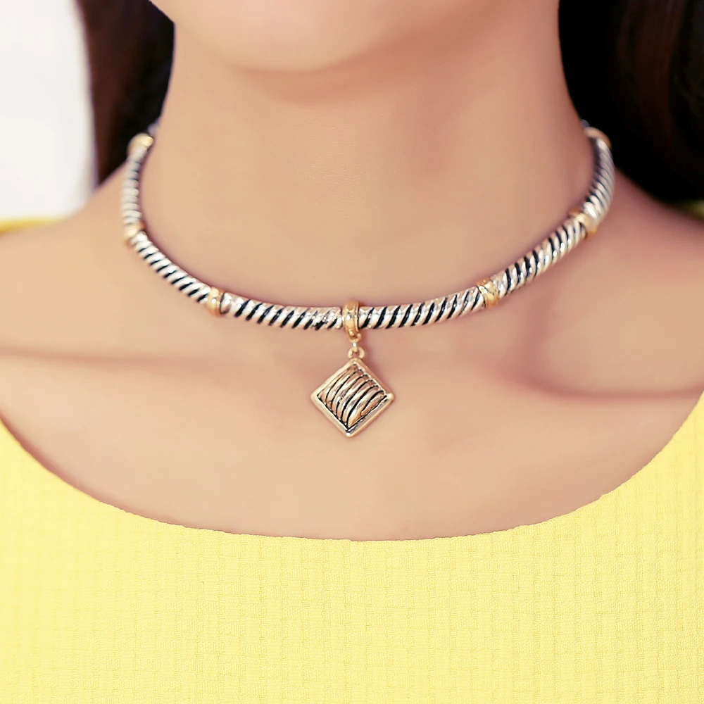 

Hot Two tone Collar Choker earring sets Silver Necklace jewelry women Vintage Ethnic style Bohemia pendant neck high quality