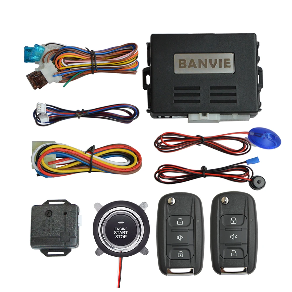 BANVIE 1 Way Car Security Alarm System with Remote Engine Start and Push to Start Stop Button