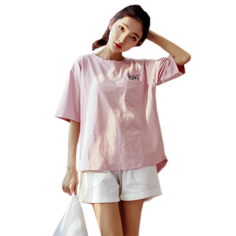 

summer cotton sleepwear women pajamas sets o-neck cartoon short sleeve suit loose homewear suit soft AB117