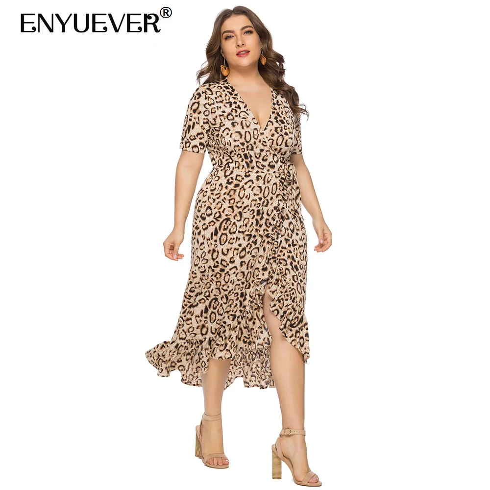 Женское платье с леопардовым принтом V образным вырезом и оборками|Женские