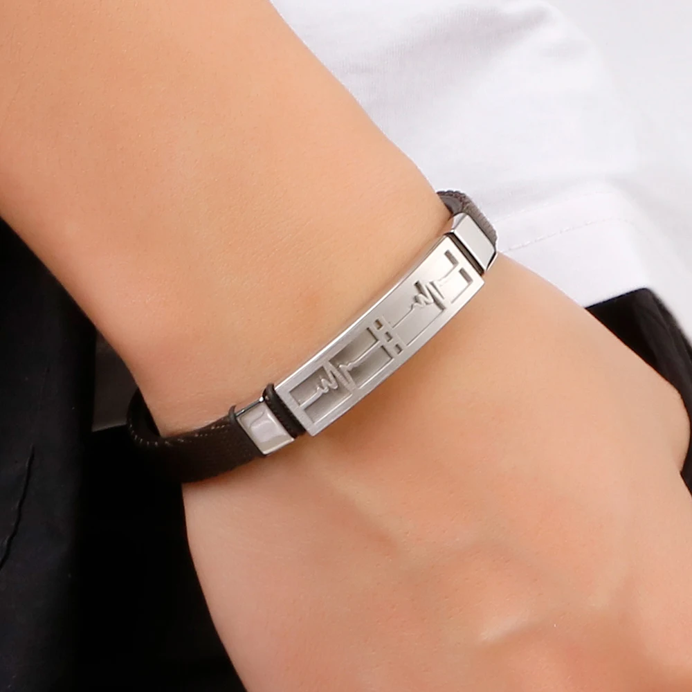 Adjustable Leather Wrap Bracelet Men Stainless Steel Heartbeat ECG Heart Rate Map Mens Bracelets Friendship Wrist Band Jewelry | Украшения