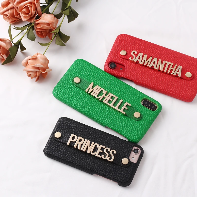 holding strap metal custom personalize name pebble grain leather phone case cover for iphone 12 11 13pro xs max xr 7 8plus x free global shipping