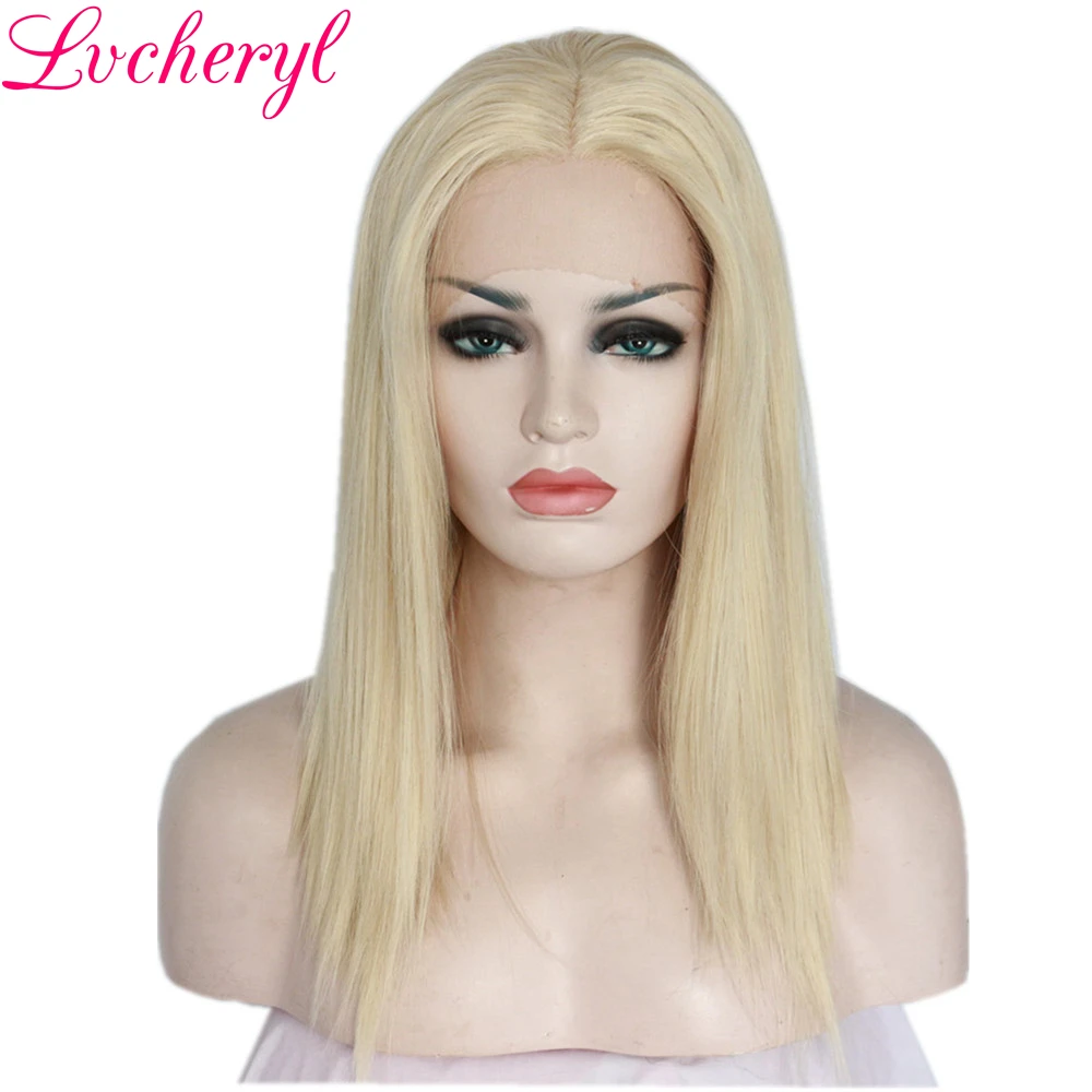 

Lvcheryl Short Bob Platinum Blonde Color Hand Tied Glueless Heat Resistant Fiber Hair Synthetic Lace Front Wigs for White Women