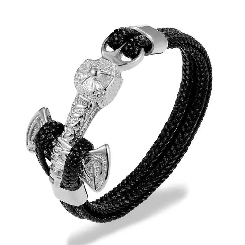 Silver Ax Модный кожаный браслет с якорем для мужчин черная косичка многослойная веревочная цепь из нержавеющей стали аксессуары для животных мужские ювелирные изделия подарки - Окраска металла: Silver Ax