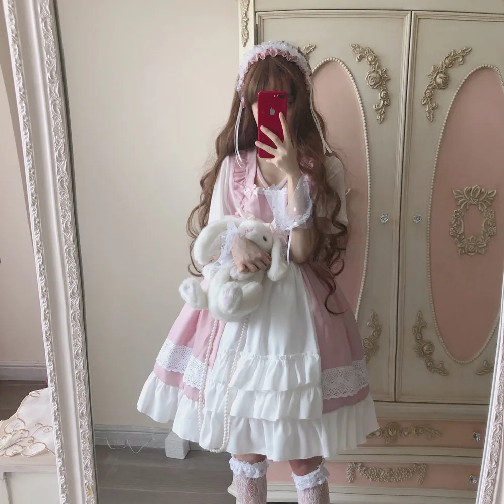 

summer Lolita Dress Strawberry Cafeaulait style Chiffon Dress Big swing pink white Girl Cute