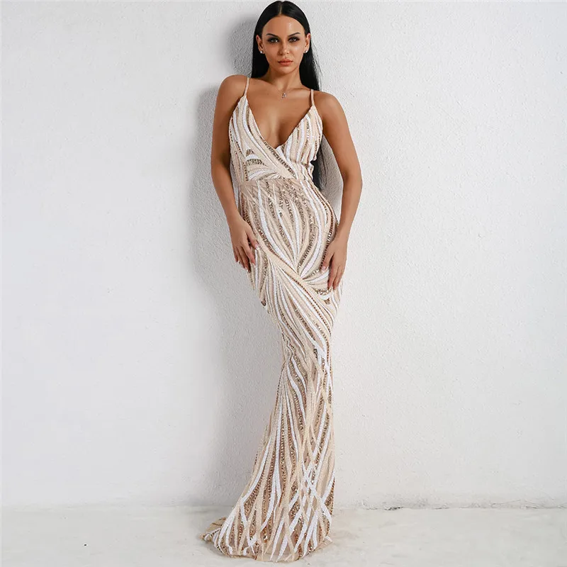 

2019 Sexy Dress v neck Elegant Striped Backless Women Dresses Sequin Bodycon Maxi Party Dress Vestidos
