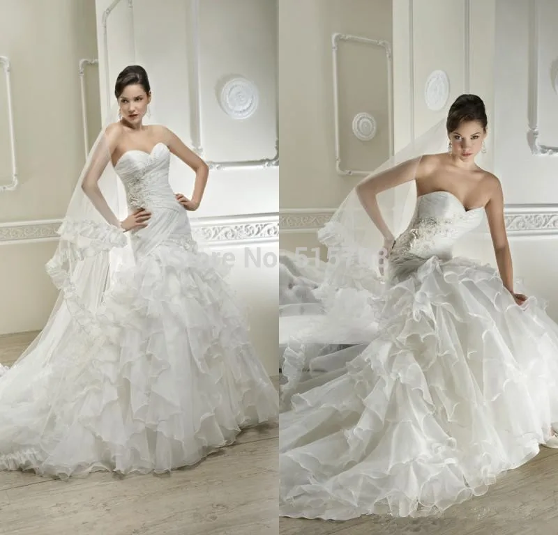 

Luxury Mermaid Sweetheart Sexy Backless Chapel Train Organza Applique Cascading Ruffles Bridal Gowns Wedding Dresses
