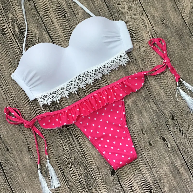 Женский купальник пуш-ап с бахромой белый купальный костюм красными топами