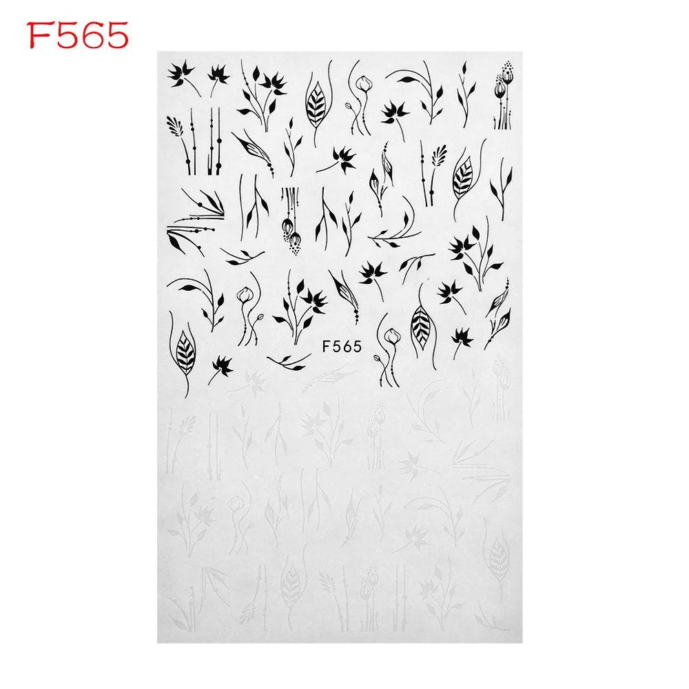 F565 1 шт., черно-белые наклейки для ногтей, 3D наклейки, бабочки, цветы, листья, геометрические рисунки, слайдеры, тату, маникюрные украшения - Цвет: F565