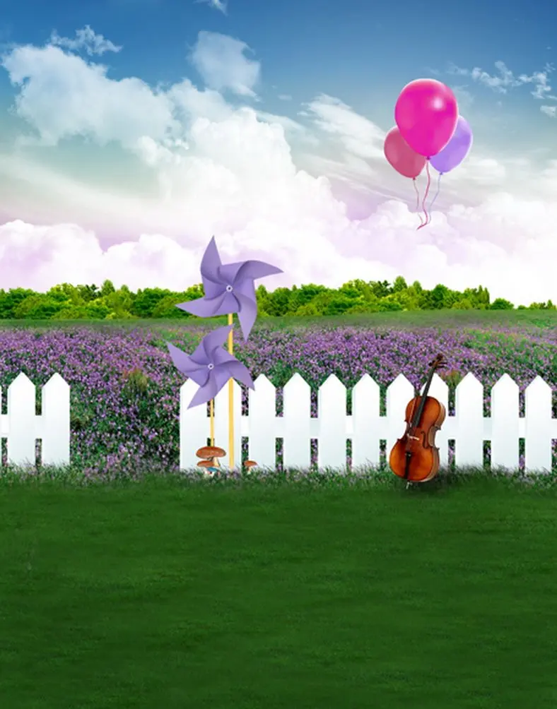 

Фон для студийной фотосъемки с изображением газона травы фиолетовых цветов ветряной мельницы воздушного шара 5x7 футов