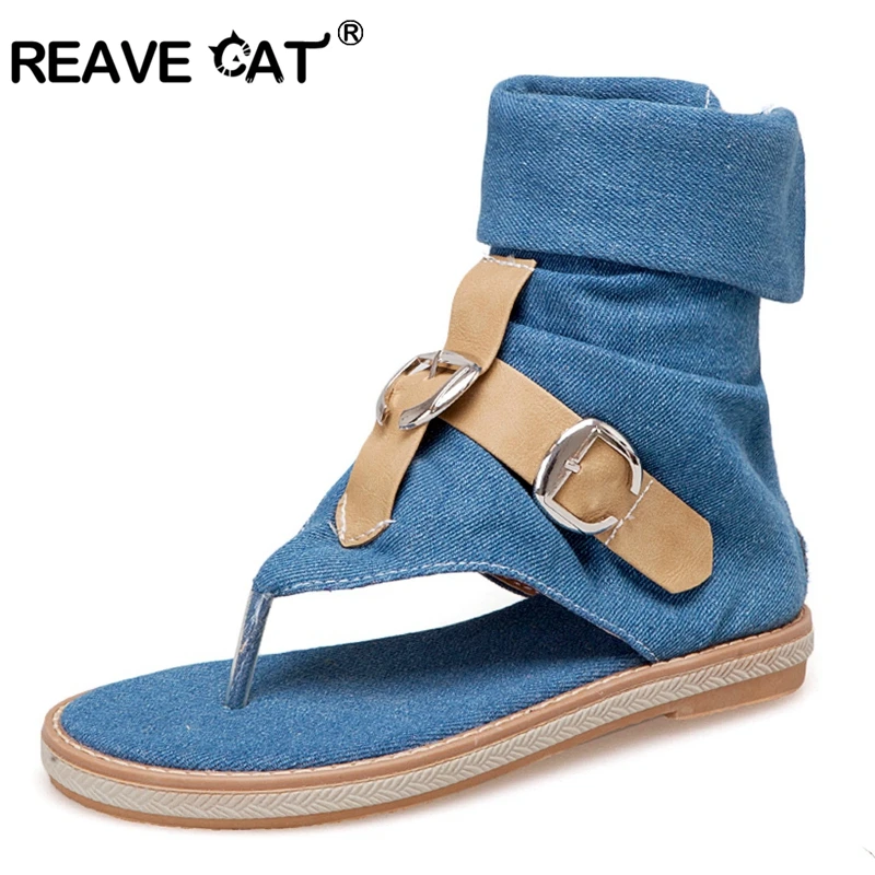 Женские джинсовые сандалии REAVE CAT синие гладиаторы черного и бежевого цвета на