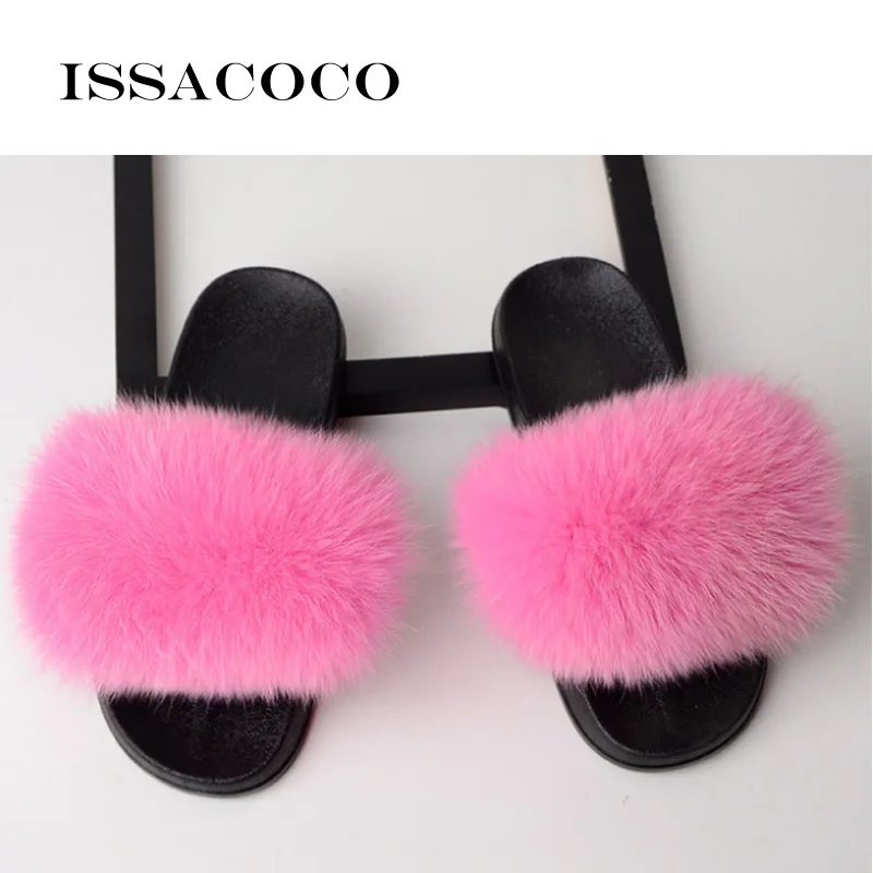 Pink ISSACOCO/женские пушистые тапочки; женские милые плюшевые пушистые тапочки с лисьим мехом; женские меховые тапочки; зимние теплые тапочки для женщин - Color: Pink
