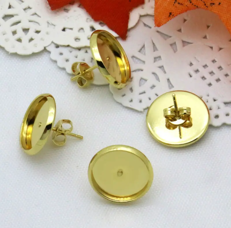 10pairs 8-14mm No Fade Stud Earring + Earplugs Bezel Setting Tray for Glass Cabochons GOLD-PLATED NOT-EASY-FADING