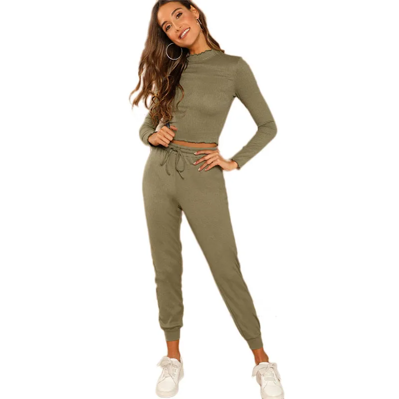 SweatyRocks Athleisure, армейский зеленый облегающий укороченный топ и спортивные штаны, набор, высокая горловина, длинный рукав,, Осенний Женский Повседневный комплект из двух предметов
