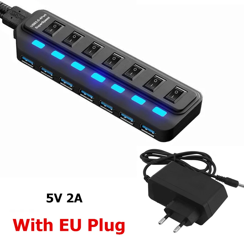 Концентратор USB 3,0, 4, 7 портов, светодиодный выключатель питания, USB высокоскоростной разветвитель, 5 Гбит/с, USB Hab, USB-HUB, EU, US, AU, UK адаптер