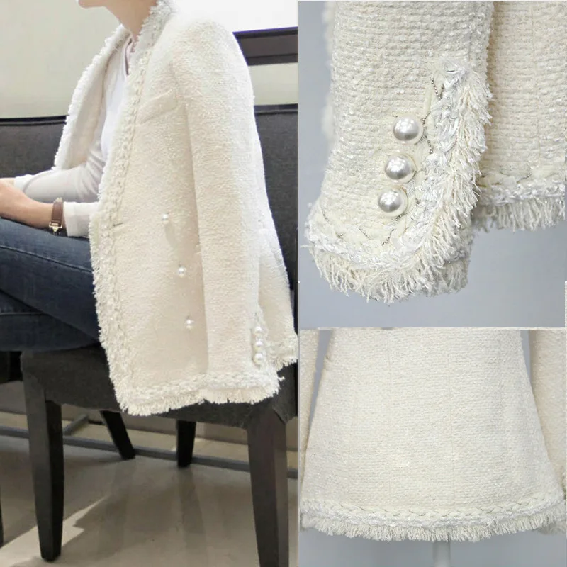 

2019 Fashion Women Winter Pearls Tassels Woolen Jacket Coat Vintage plus size Casaco Beading Warm Tweed Jacket Elegant Overcoat