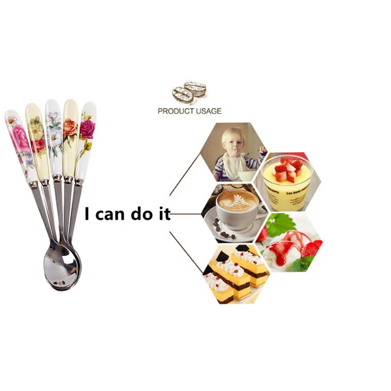 

5Pcs/Set Stainless Steel Ceramic Handle Tea Spoon Creative Coffee Spoon Honey Dessert Ice Cream Spoon Small Teaspoon 15*2.6cm