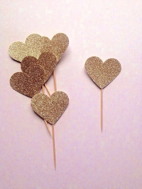 Золотые блестящие сердца топперы для капкейков на День святого Валентина