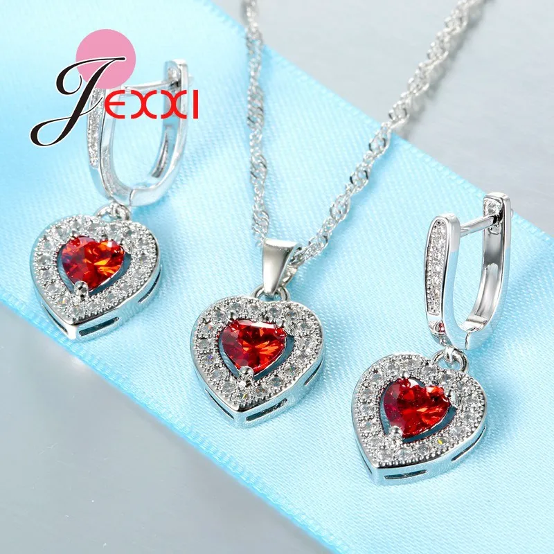 Romantic Women Wedding Birthday Gifts Luxury Rhinestone Big Crystal Jewelry Fashion Silver Heart Necklace Earrings Set | Украшения и