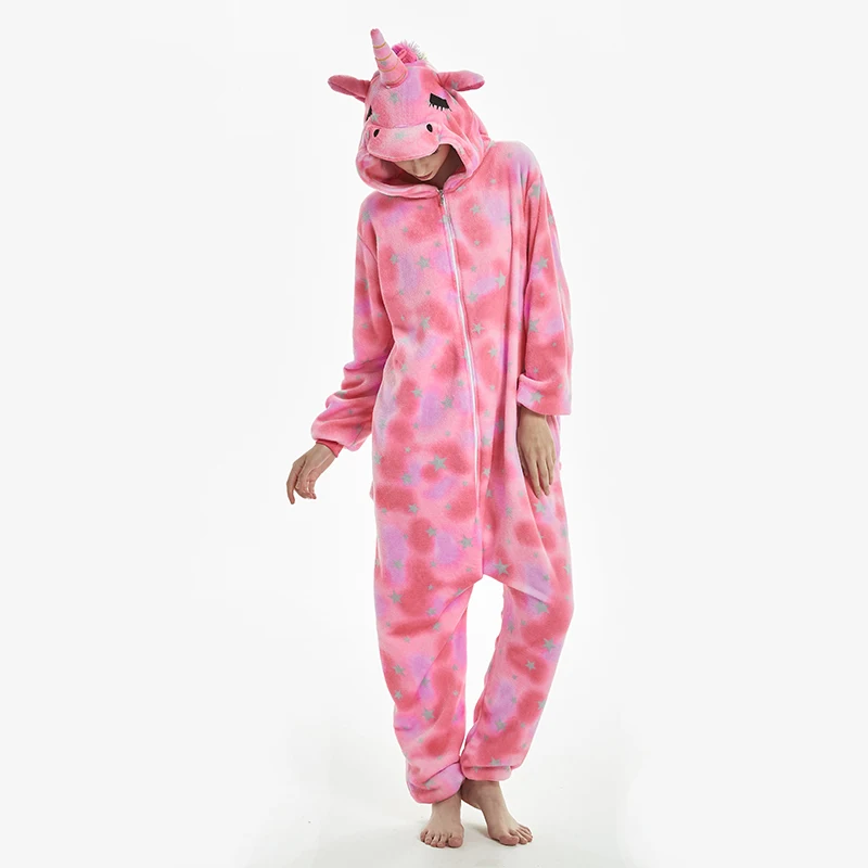 Pink star horse Зимние пижамы с единорогом, стежка, пижама с животными, пижама Кигуруми для женщин и мужчин, унисекс, фланелевая ночная рубашка для взрослых, комплекты домашней одежды - Цвет: Pink star horse