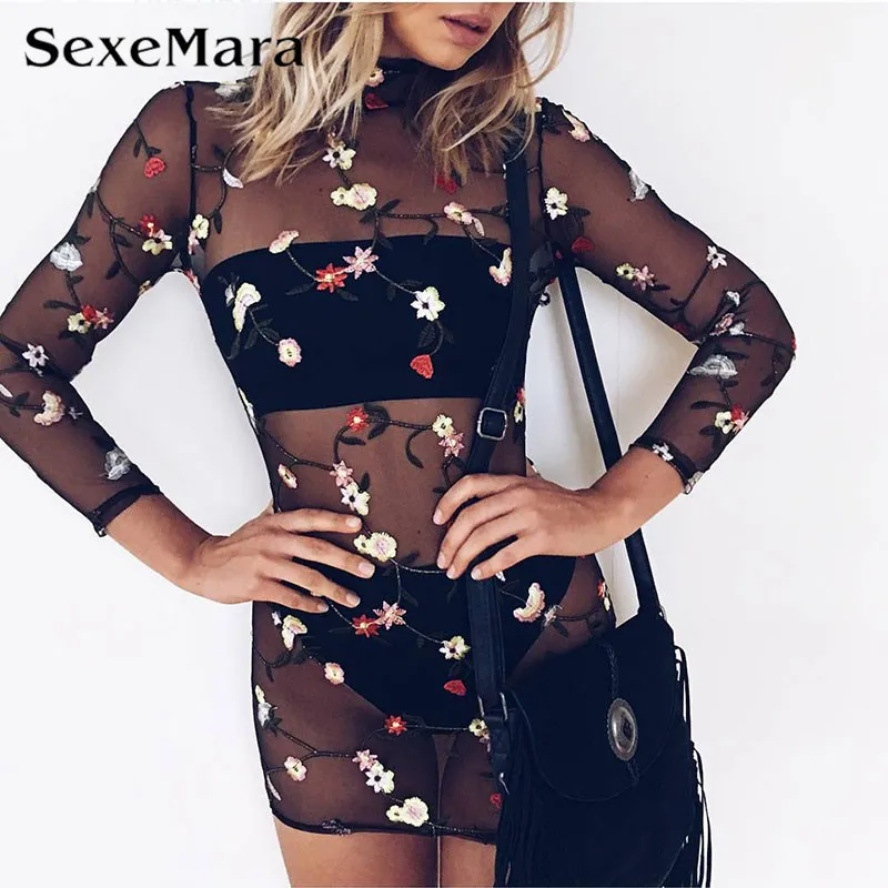 2017 новое лето boho кружева цветочные вышивки сетки dress long sleevse мини party водолазка
